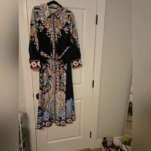 Turkish Elegant Black and Blue Paisley Dress